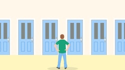 Person considering which of the seven identical blue doors to choose, in front of them, as part of a medbridge illustration.
