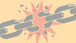 A gray chain breaks in the middle with an orange burst and fragments in the background.