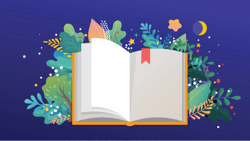 An open book with a red bookmark amidst colorful plants and stars on a dark blue background, aligning with medbridge branding.