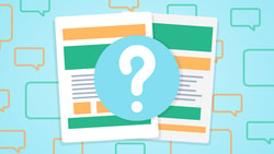 Illustration of documents with a question mark and speech bubbles, related to medbridge.