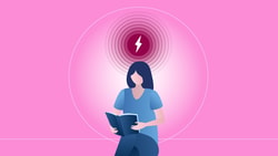 Illustration of a person reading with a glowing circle and lightning bolt above, against a pink backdrop related to medbridge.