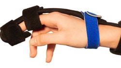 A hand in a black and blue splint supporting the fingers and wrist, Medbridge style.