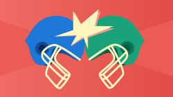 A blue and a green football helmet collide with a starburst against a red background.
