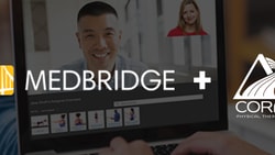 Video call on laptop with two people and medBridge and CORA Physical Therapy logos.