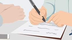 Two people are at a table with papers, a pen, a smartphone, and glasses in front of them.