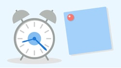 Gray alarm clock at 7:00 beside a blue sticky note pinned with red, medbridge context.
