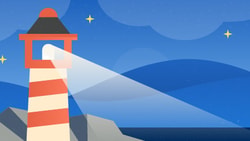 Illustration of a lighthouse with red and white stripes on rocks, shining a beam across a starry night over the ocean.