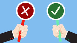 Illustration of hands holding signs with a red "X" and a green checkmark on a blue background.