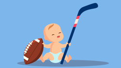 Illustration of a baby with sports items, set against a blue background.