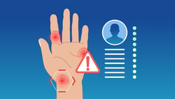 Illustration of a hand with target markers and a warning, alongside a profile icon with a checklist; blue background.