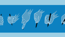 Illustration of six hands with pens on a blue background.