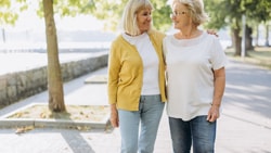 2 senior women walking together - elderly mobility scale