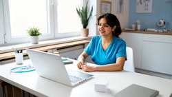 A healthcare professional in blue scrubs uses medbridge software on a laptop during a virtual consultation.