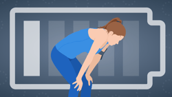 Illustration of a fatigued person in blue athletic wear leaning forward against a low battery icon, on a dotted background, representing exhaustion for medbridge.