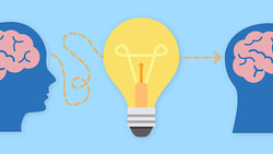 Two blue silhouettes with brains connected by a dashed line to a yellow light bulb, symbolizing idea sharing on medbridge.