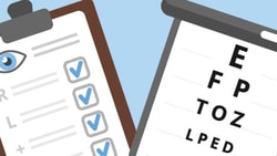 Eye exam illustration with a vision chart and checklist; medbridge inspired design.