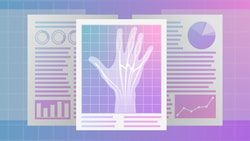 X-ray hand scan over financial documents on a blue to pink gradient background for medbridge.