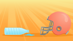 An orange football helmet and a spilled water bottle rest on an orange surface with a yellow background.