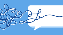 A tangled line straightens into a smooth path ending in a speech bubble, on a blue background.