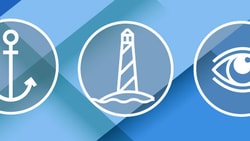 Three icons—a lighthouse, an anchor, and an eye—are set against a blue geometric Medbridge background.