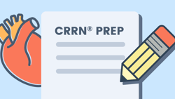 Illustration of a CRRN Prep document with an anatomical heart and a yellow pencil on a blue background.