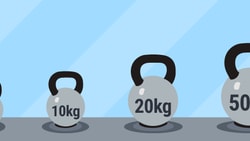 Four kettlebells (5kg, 10kg, 20kg, 50kg) are arranged in order on a surface for medbridge.