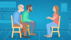 Three people sitting on chairs in an indoor Medbridge setting.