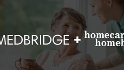 Uniformed worker assists smiling person with tea; logos of medBridge and Homecare Homebase are shown.