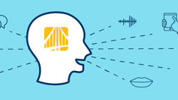 Head surrounded by communication symbols illustrating Medbridge's platform on a blue background.