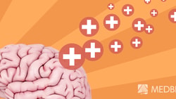 Brain illustration with white plus signs on an orange radial background, featuring the medbridge logo.
