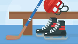 Hockey gear is arranged on a bench against a blue background.