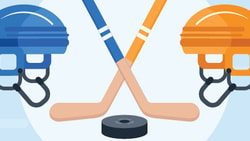 Two crossed hockey sticks with a puck, a blue helmet on the left, and an orange helmet on the right.