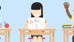 Three students at desks use laptops displaying a ladybug, "ABC 123," and one student raising their hand with books and a pencil nearby.