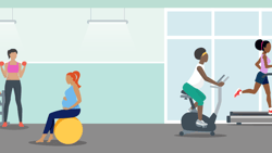 People working out at a gym with weights, a stability ball, bike, and treadmill.