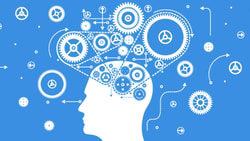 Silhouette of a human head with gears and arrows, symbolizing creativity, on a blue background for medbridge.