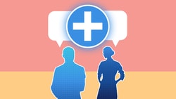 Two silhouetted figures with speech bubbles and a blue medical cross icon on a pink and yellow background.