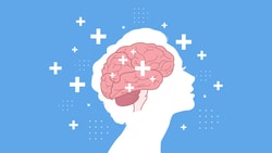 Silhouette of a head with brain, surrounded by white plus signs on a blue background, representing medbridge.