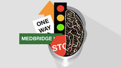 Illustration of a brain with overlapping traffic signs, such as a stop sign and traffic lights.