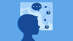 Silhouette of a profile with a speech bubble and question marks on a map, symbolizing communication and inquiry for medbridge.