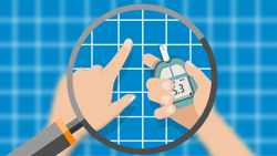 Person testing blood sugar with meter against a blue grid background in medbridge illustration.