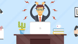 A stressed person at their desk is bombarded with work tools, highlighting stress.