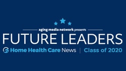 Blue banner with "Aging Media Network presents Future Leaders, Home Health Care News Class of 2020" and three stars above.