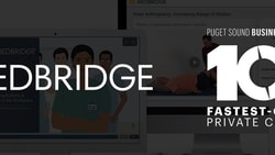 MedBridge lauded as a top 100 fastest-growing company by Puget Sound Business Journal in 2020, with logo and digital medical display.