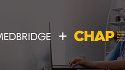 Logos of Medbridge and CHAP beside a medical professional using a computer.