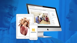 Man on phone with medbridge devices showing medical content against blue backdrop with woman's outline.