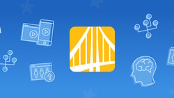 A yellow square featuring a bridge icon, surrounded by hand gestures, devices, networks, and human profiles on a blue background representing medbridge.