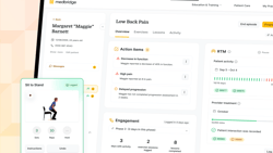A tablet shows a Medbridge dashboard with exercises, progress, and logs for low back pain management.