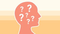 Silhouette of a head filled with question marks on beige and orange striped background for medbridge.