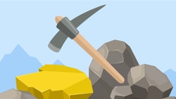 Pickaxe in gray rocks with a yellow rock and blue mountains behind, for medbridge.