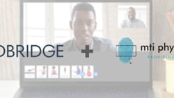 Logos of Medbridge and MTI Physical Therapy appear over a blurred video call on a laptop screen.